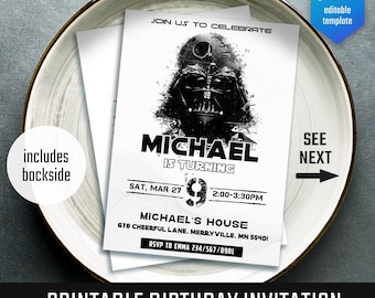 Printable birthday invite, editable invitation, instant download, Wars invitation, Star invite, Wars invitation, Darth Vader Birthday Party