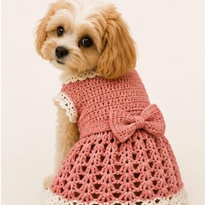 May include: A crochet dog dress in a dusty rose colour featuring a textured bodice, a flared skirt with an openwork pattern, a decorative bow at the waist, and a scalloped white lace trim along the collar, armholes, and the bottom hemline.