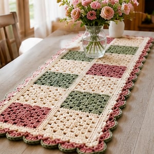 May include: A rectangular crochet table runner featuring a repeating pattern of square motifs in cream, sage green, and dusty rose. The runner is finished with a scalloped edge border in alternating rose and green yarn, showcasing intricate openwork.