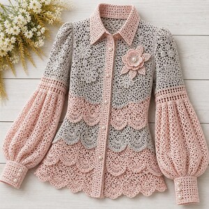 May include: A handmade, button-down crochet shirt in a delicate color palette of gray and pink. The shirt features a floral design, scalloped edges, and puffed sleeves. Pearl buttons and a flower embellishment add detail to this unique garment.