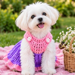 May include: A small white dog with fluffy fur wearing a handmade crochet pet dress. The dress features a pink bodice with two white buttons at the shoulders, a purple skirt section, and a pink ruffled hemline, all crafted in a textured stitch.
