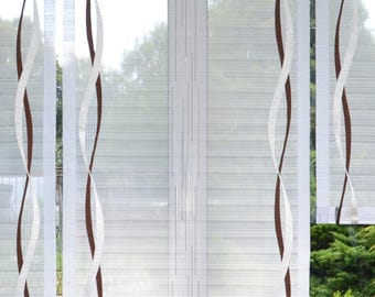 May include: A set of white sheer panel curtains featuring vertical brown and white wavy ribbon accents. The curtains have a fine horizontal striped texture and are displayed hanging in a window. Three heart-shaped frames with the text LOVE are visible.