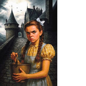 May include: An illustration of a young person with braided hair, wearing a yellow dress and blue apron, holding a metal bucket. The person has a stern expression. A stone castle and bridge are in the background under a cloudy sky.