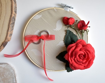 RING PILLOW with red ROSES, Embroidery hoop. alternative ring holder, floral ring pillow, rustic wedding ring box, romantic wedding