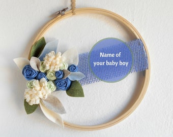 Birth announcement Door sign for boy Embroidery hoop Custom name plaque Hospital door hanger Flowers leaves Naming Baptism Christening gift