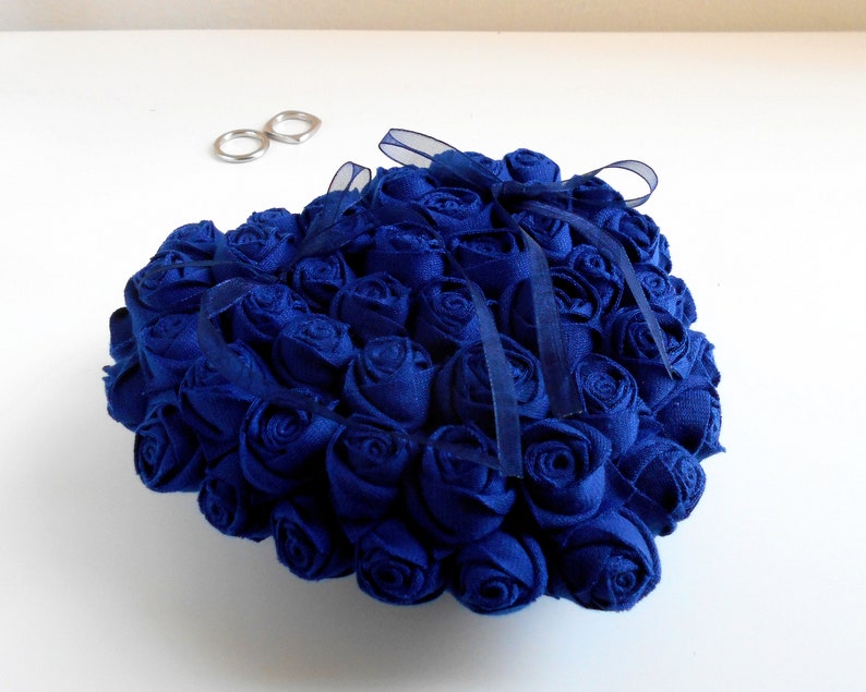 Ring pillow alternative, Blue roses wedding ceremony accessory, Coin pillow, Ring-bearer, Heart ring box, Cushion for marriage rings image 2