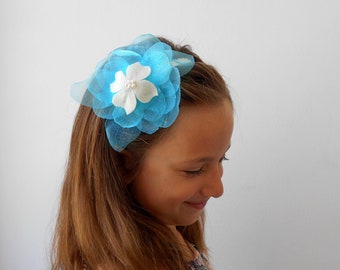 Elastic hairband with organza flower Light blue white Girl hair accessory Fabric flowers Baby shower gift Infant Toddler Headband Stretch