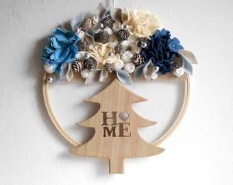 Christmas winter WREATH with sign, perfect farmhouse door decor. Embroidery hoop art WREATH with welcome sign