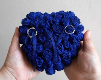 Ring pillow alternative, Blue roses wedding ceremony accessory, Coin pillow, Ring-bearer, Heart ring box, Cushion for marriage rings