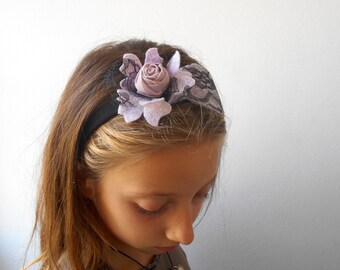 Lace headband black and pink with rose Floral baby hairband Floral crown Halloween Gotic hair accessory Vintage wear