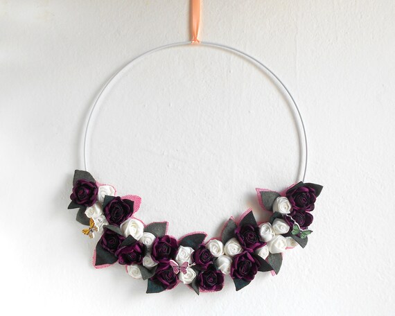 All year modern WREATH with white metal hoop and flowers Minimal modern door decoration