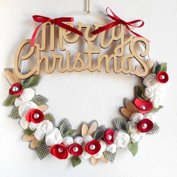 Moderne couronne porte de Noël, Cercle en mètal Merry Christmas avec fleurs en tissu, dècoration porte d'èntrée de Noël