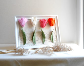 Floral 3D wall art with tulips in a frame, perfect nursery decoration idea