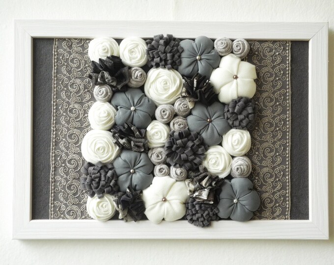 Framed Fabric Flower Wall Art 3D Design Home Decor Gray Beige White