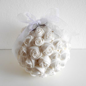 Ring pillow alternative White ring cushion alternative Wedding decoration with white roses Ring holder Floral decorative balls Shower bridal image 3