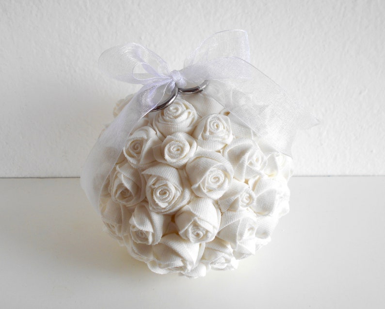 Ring pillow alternative White ring cushion alternative Wedding decoration with white roses Ring holder Floral decorative balls Shower bridal image 3