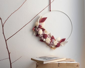 All year modern WREATH with white metal hoop and flowers Minimal modern door decoration