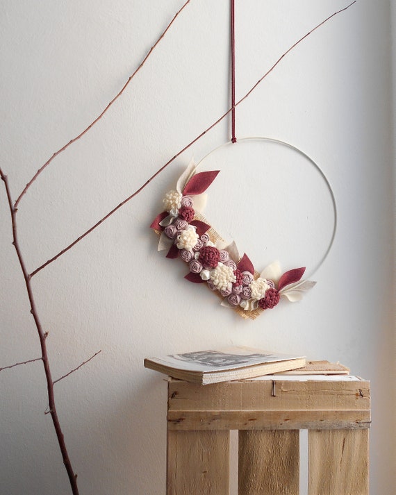 All year modern WREATH with white metal hoop and flowers Minimal modern door decoration