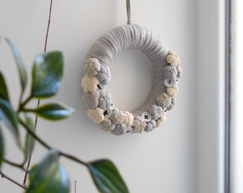 Nordic design grey WREATH with fabric flowers, Scandi hygge outdoor decoration, Front door hanging decor