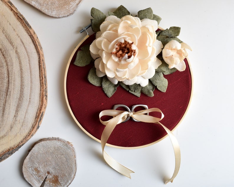 Rustic Wedding Ring Holder with Handmade Fabric Daisies Floral Embroidery Hoop RING HOLDER with DAISIES Alternative ring pillow image 10