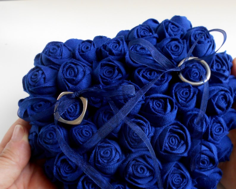 Ring pillow alternative, Blue roses wedding ceremony accessory, Coin pillow, Ring-bearer, Heart ring box, Cushion for marriage rings image 3