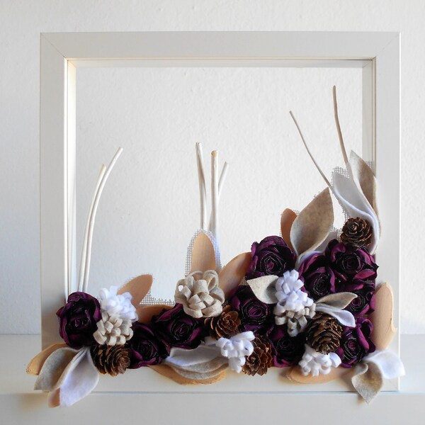 3D wall flowers in Ikea Ribba white frame, minimalist framed 3D art with roses twigs and pine cones