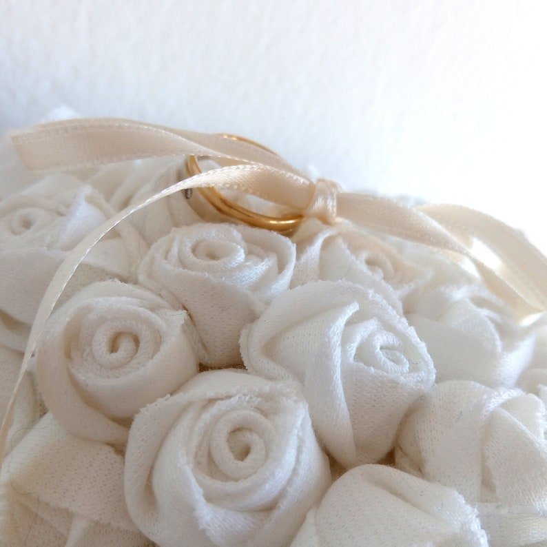 Ring pillow alternative White ring cushion alternative Wedding decoration with white roses Ring holder Floral decorative balls Shower bridal image 7