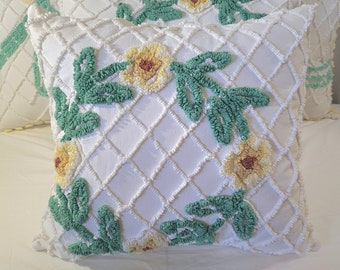 Decorative Chenille Pillow, Antique White Pillow, Yellow Floral Pillow, Throw Pillow, Vintage Cotton Pillow, Accent Pillow, 16 1/2 X 17 1/2"