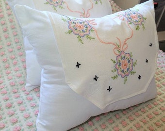 Decorative Pillow, Embroidered Pillow, Floral Pillow, Table Runner Pillow, Upcycled Pillow, Accent Pillow, Cotton Pillow, 15 1/2" x 13"