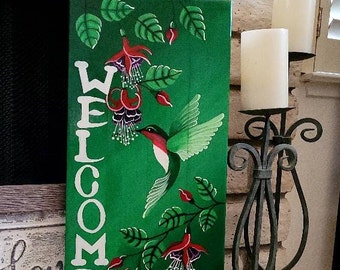 Hummingbird Welcome Sign, Welcome Sign, Front Door Sign, Made to Order, Hummingbird Wall Decor, Hummingbird Door Hanger, Welcome Wood Sign