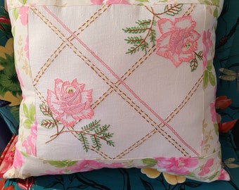 Floral Pillow, Embroidered pillow, Cotton Pillow, Handmade pillow, Pink Rose Pillows, Bed Pillow, Couch, Bed Pillow, Decorative Pillow