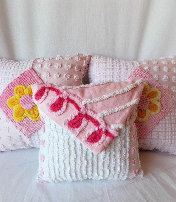Chenille Pillow Vintage Chenille Decorative Pillow Pink And Etsy