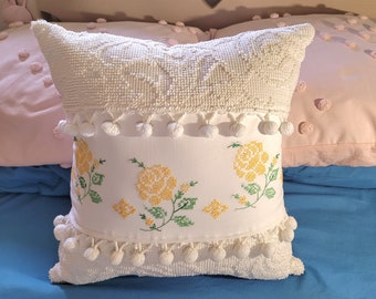 Chenille Pillow, Soft Yellow, Chenille Pillow, Embroidered Hobnail Pillow, Throw Pillow, Vintage Chenille,  Decorative Pillow, Cotton Pillow