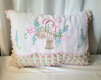 Chenille Pillow with Embroidery, Decorative Pillow, Handmade Pillow, Bed Pillow, cotton pillow. Accent Pillow