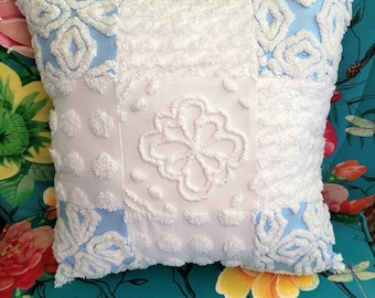Chenille Pillows, Decorative Pillows, Patchwork Pillows, Accent Pillows, Handmade Pillows, Bed Pillow, Blue and White Pillow, 16" x 16"