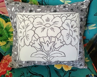 Floral Pillow, Decorative Throw Pillow, Handmade Square Pillow, Embroidered accent pillow, 15" X 18"