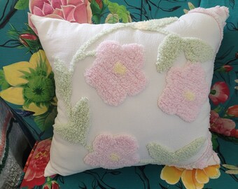 Floral Pillow, Accent Pillow, Handmade Pillow, Decorative Pillow, Cotton Pillow, Chenille Pillow,