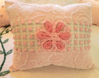 Decorative Pillow, Patchwork Pillow, Chenille Pillow, Bed Pillow, Accent Pillow, Cotton Pillow, Nursery, Farmhouse Pillow 16 1/2" x 14"