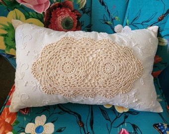 Decorative Pillow, Handmade Pillow, Beige Pillow, Accent Pillow, Chair Pillow, Crocheted Doily Pillow, rectangle pillow, 12" x 18 1/2",