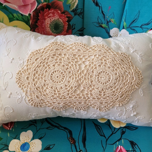 Decorative Pillow, Handmade Pillow, Beige Pillow, Accent Pillow, Chair Pillow, Crocheted Doily Pillow, rectangle pillow, 12" x 18 1/2",