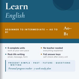 May include: A self-learning English pack for adults, titled "Learn English." The cover is blue and orange, with text indicating beginner to intermediate levels. Features include 6 units, real-life writing practice, and full answer keys.