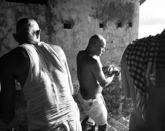 Kolkata India Wall Art Black and White Photography Print, Monks River Prayer, Documentary Travel Photo, Cultural Portrait