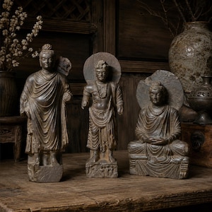 Gandhara Buddha-staty, zen-meditationsdekor i sten, wabi sabi buddhistiskt altare, andlig skulptur i antik stil, estetisk gåva för yogastudio