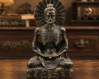 4.7"Ascetic Buddha Statue Resin Antique Bronze Fasting Buddha Figurine Shakyamuni Meditation Altar Decor Gothic Zen Buddhist Sculpture