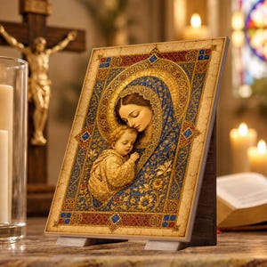 May include: A rectangular religious plaque featuring a detailed illustration of a mother and child in a blue and gold patterned robe. The artwork is framed by a decorative border with red and blue geometric accents on a cream-colored background.