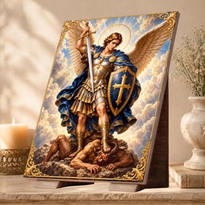 May include: A rectangular print featuring an illustration of Saint Michael the Archangel with large wings, wearing gold armour and a blue cape, holding a sword and a shield with a cross, standing over a defeated figure against a cloudy sky.