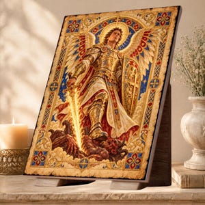 May include: A rectangular wall art print featuring a winged figure in golden armour holding a glowing sword and a shield, standing over a dark creature. The artwork is framed by an ornate border with blue and red floral motifs on a parchment background.