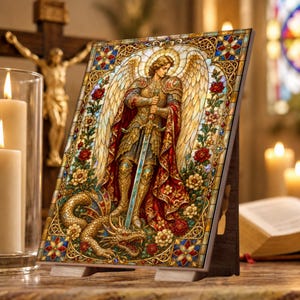 May include: A rectangular plaque featuring a stained glass style illustration of an armoured angel with large wings standing over a dragon while holding a sword. The artwork is framed by floral patterns in red, gold, and blue, set on a wooden stand.