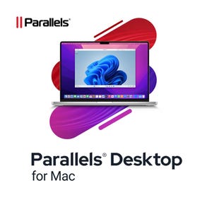 Könnte beinhalten: Ein silberner Laptop mit einem blauen abstrakten Hintergrundbild auf dem Bildschirm, platziert vor roten und violetten abstrakten Formen. Der Text Parallels und Parallels Desktop for Mac ist in schwarzer Schrift auf weißem Grund zu sehen.