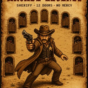 Puede incluir: Un póster de pixel art titulado ARCADE LEGENDS, que muestra a un sheriff con abrigo y sombrero marrón sosteniendo un revólver. El texto dice SHERIFF 12 DOORS NO MERCY. El sheriff está frente a un arco de doce puertas de salón de madera, cada una ocultando una figura.